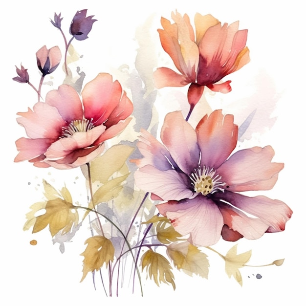 There are three flowers that are painted in watercolor on a white background generative ai