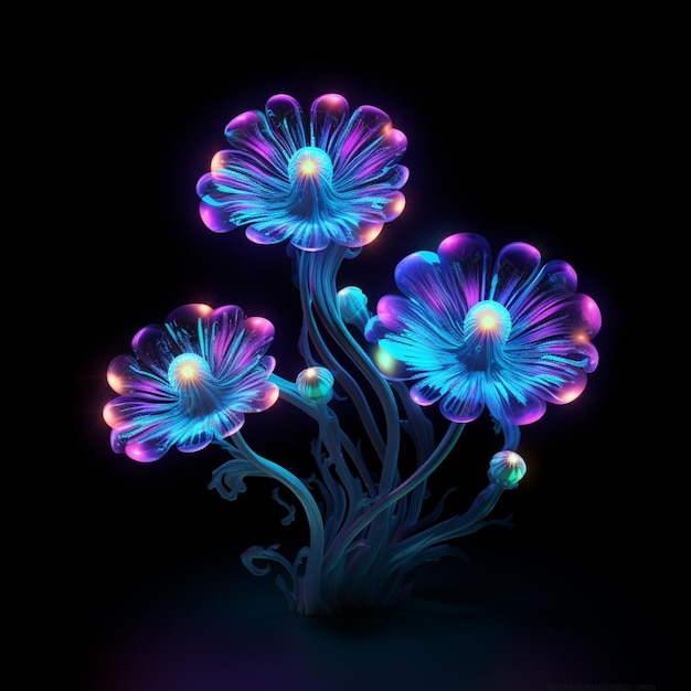 There are three glowing flowers in the dark with a black background generative ai