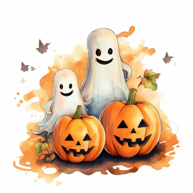 There are three halloween ghosts standing next to pumpkins generative ai