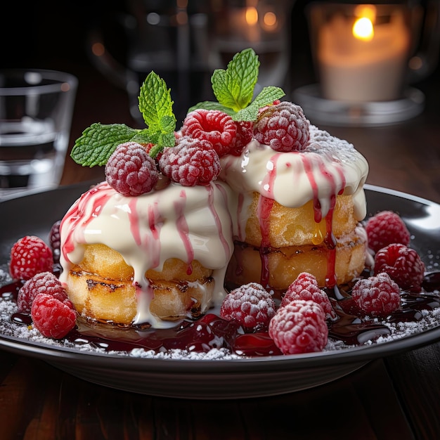 There are three iced cakes with raspberries on a plate Generative AI