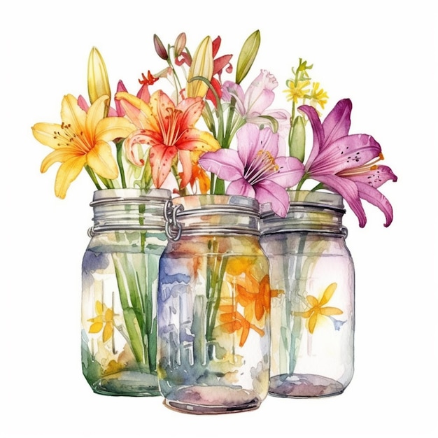 There are three jars with flowers in them sitting on a table generative ai