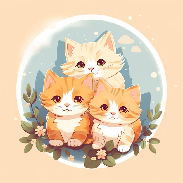 There are three kittens sitting together in a circle with flowers generative ai