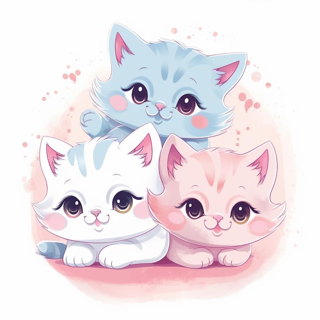 There are three kittens sitting together on a pink background generative ai