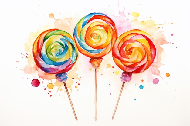 there are three lollipops on a stick with watercolor paint generative ai