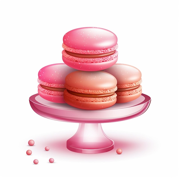 There are three macarons on a plate with pink frosting generative ai