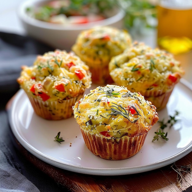 Photo there are three muffins on a plate with a bowl of salad in the background generative ai