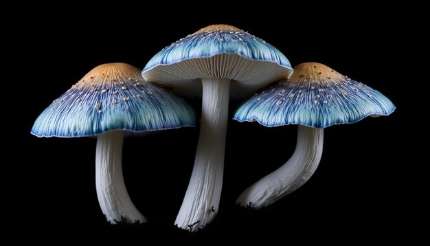 There are three mushrooms that are sitting on a black surface