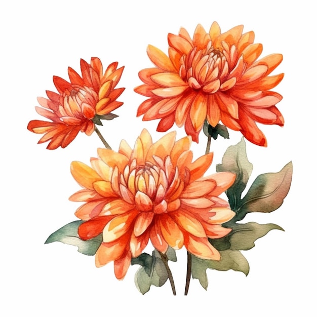 There are three orange flowers with green leaves on a white background generative ai