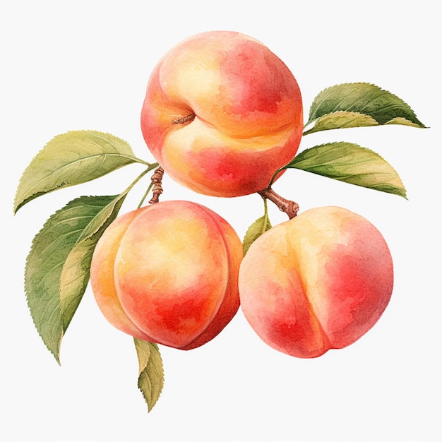 There are three peachs on a branch with leaves on it generative ai