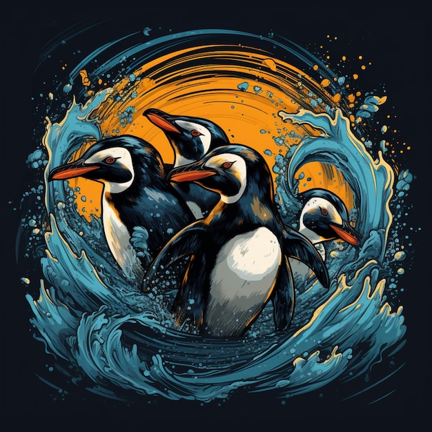 there are three penguins that are standing in the water generative ai