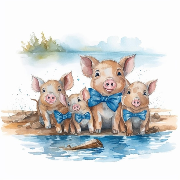 There are three pigs that are sitting on the beach generative ai