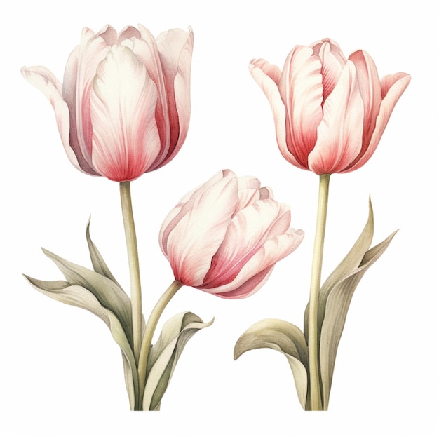 There are three pink flowers that are on a white background generative ai