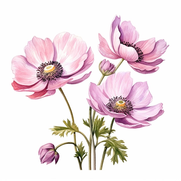 There are three pink flowers that are on a white background generative ai