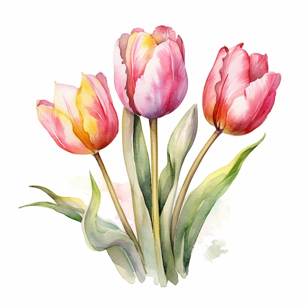 There are three pink and yellow tulips on a white background generative ai