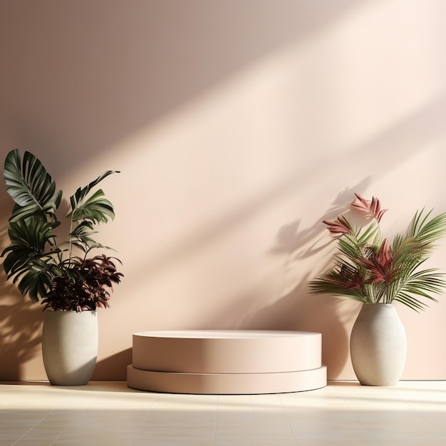 there are three potted plants in a room with a pink wall generative ai