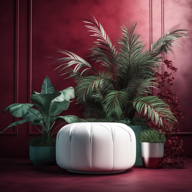 there are three potted plants on a table in front of a red wall generative ai