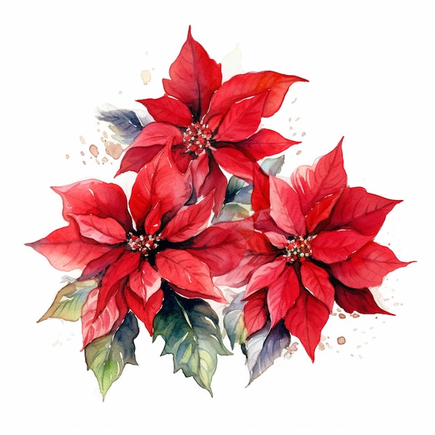 There are three red poinsettias on a white background generative ai