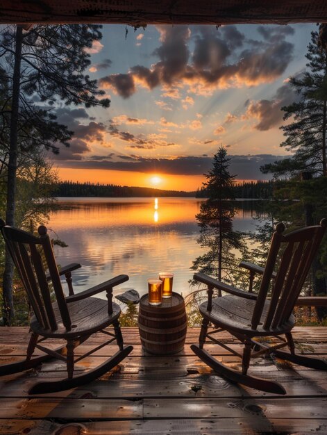 there are three rocking chairs on a deck overlooking a lake generative ai