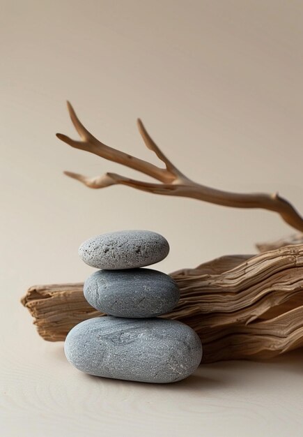 there are three rocks stacked on top of a piece of driftwood generative ai