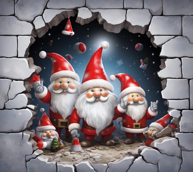 there are three santas standing in a hole in the wall generative ai