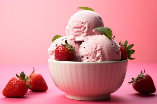 there are three scoops of ice cream in a bowl with strawberries generative ai