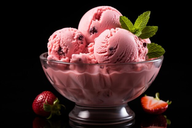 there are three scoops of ice cream in a bowl with strawberries generative ai