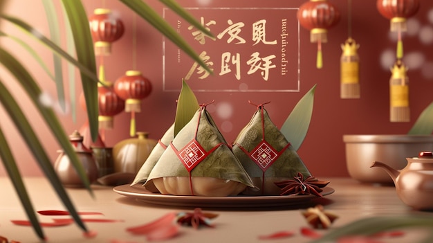 there are three small chinese dumplings on a plate with a chinese writing generative ai