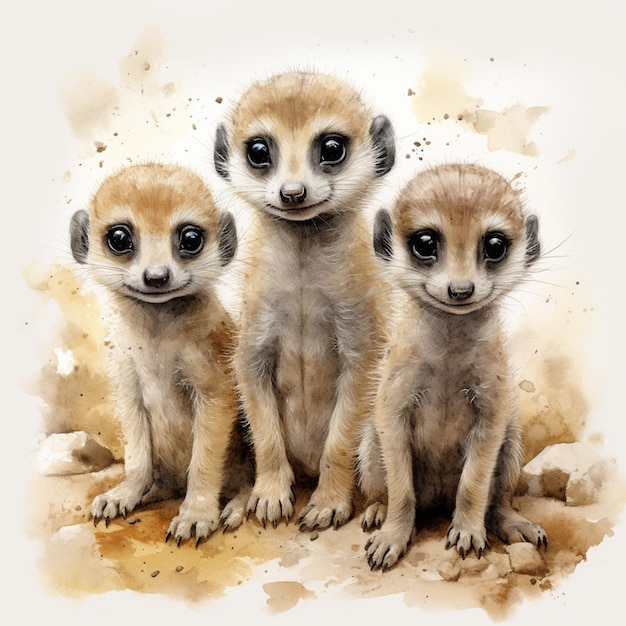 There are three small meerkats sitting on the ground generative ai