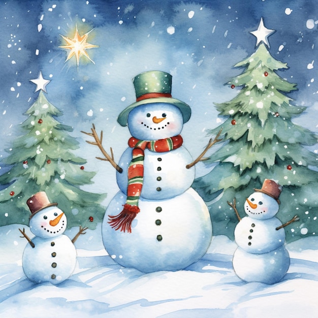 there are three snowmen that are standing in the snow generative ai