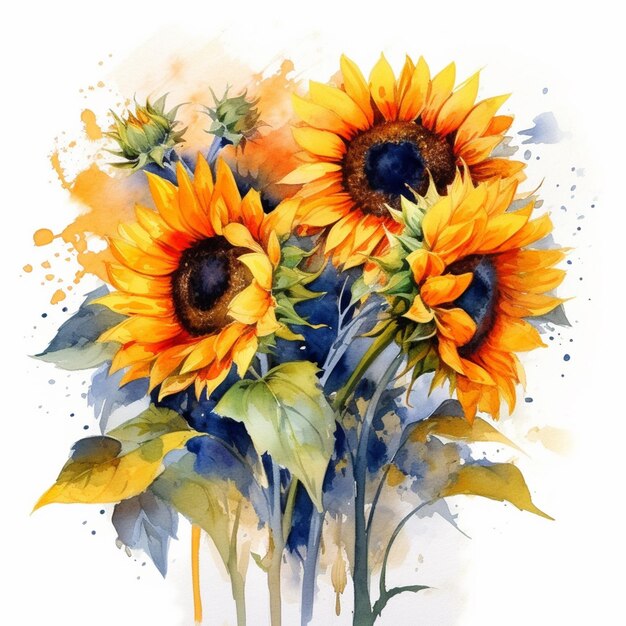 There are three sunflowers in a vase with watercolor paint generative ai