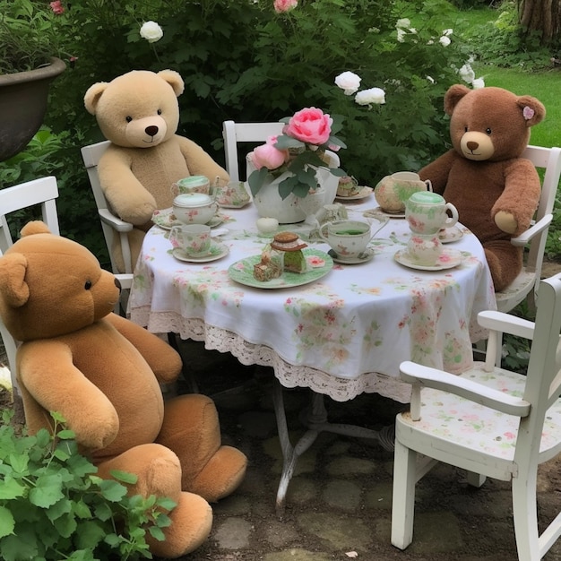 There are three teddy bears sitting at a table with tea cups and saucers generative ai