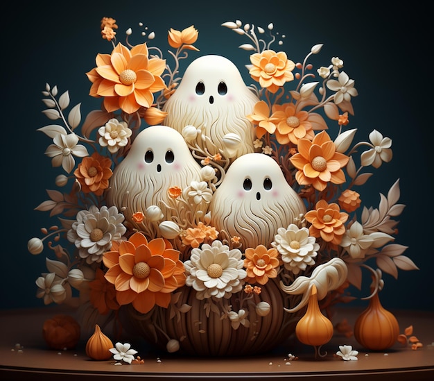 there are three white ghosts sitting in a basket of flowers generative ai