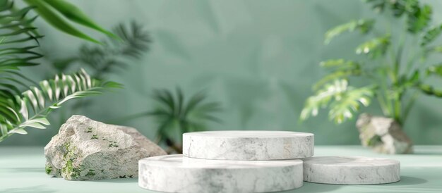 there are three white marble blocks on a table with plants generative ai