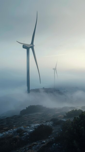 There are three wind turbines on a hill with fog