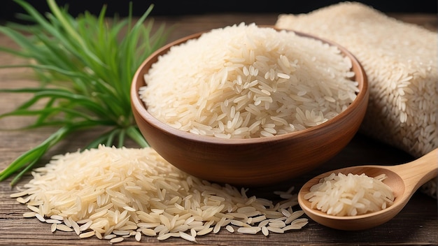 There are three wooden bowls of white rice on a wooden table