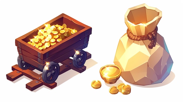 Photo there are two bags of gold coins and a cart of gold generative ai