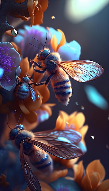 There are two bees on the flowers and one bee generative ai