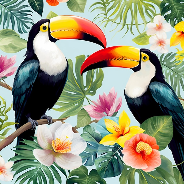 there are two birds sitting on a branch with flowers and leaves generative ai