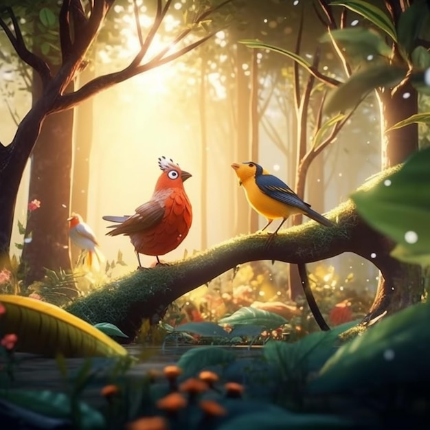 there are two birds that are standing on a branch in the woods generative ai