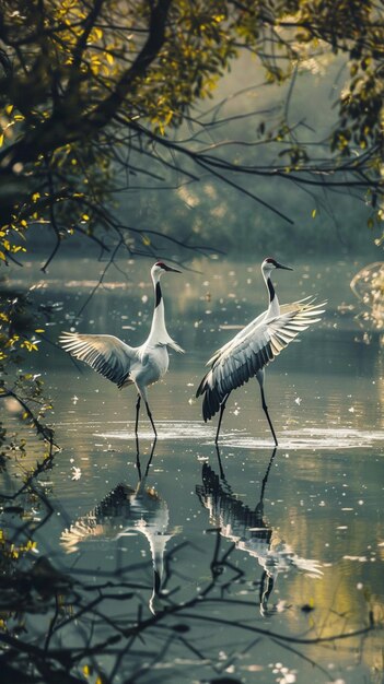 Photo there are two birds that are standing in the water generative ai