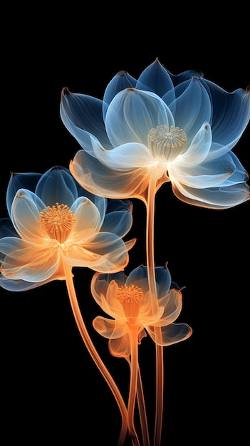 There are two blue flowers that are glowing in the dark generative ai