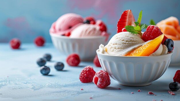 there are two bowls of ice cream with fruit on the side generative ai