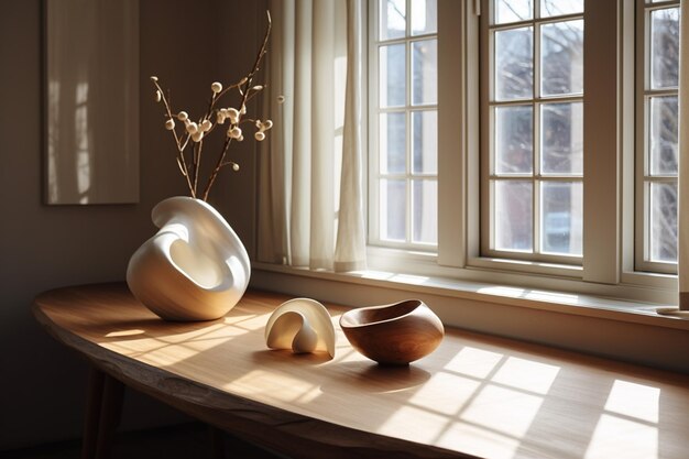 There are two bowls on a table near a window generative ai