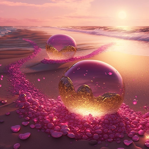 there are two bubbles that are floating on the sand generative ai