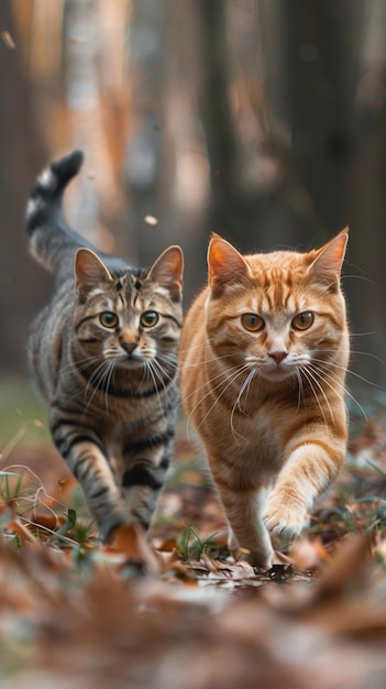 there are two cats running in the woods together generative ai