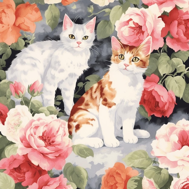 There are two cats sitting on a floral background with roses generative ai