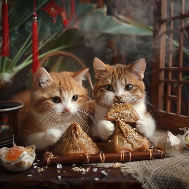 there are two cats sitting on a table with food in front of them generative ai