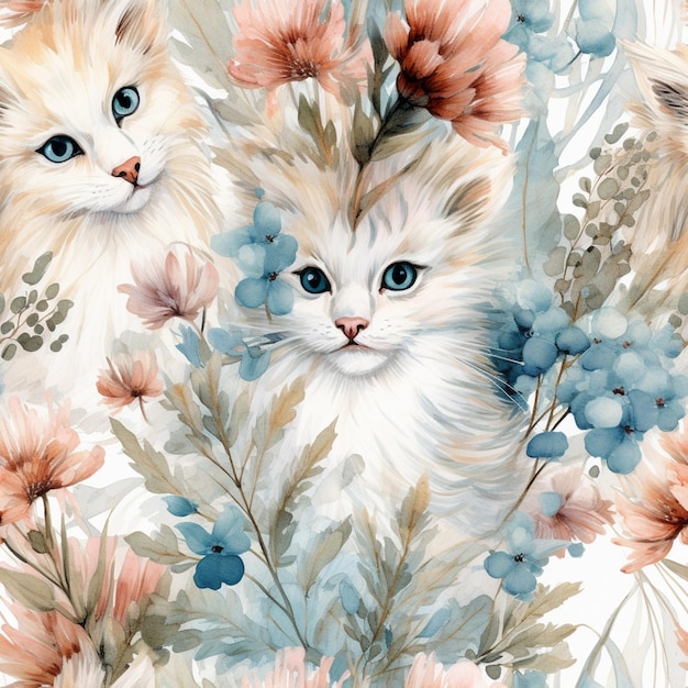 there are two cats that are sitting in a flowery field generative ai