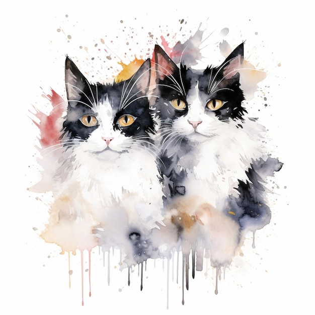 There are two cats that are sitting together on a white background generative ai