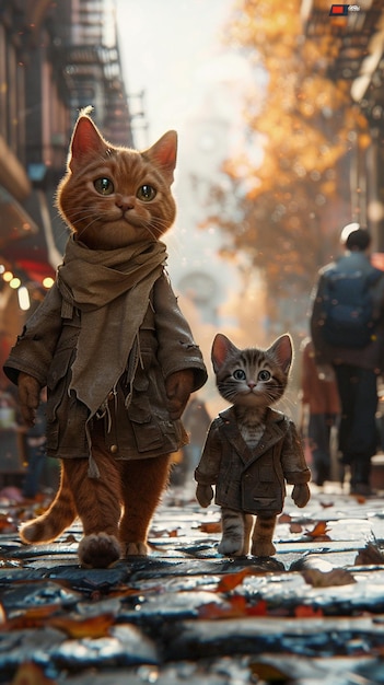 there are two cats walking down the street with a scarf on generative ai